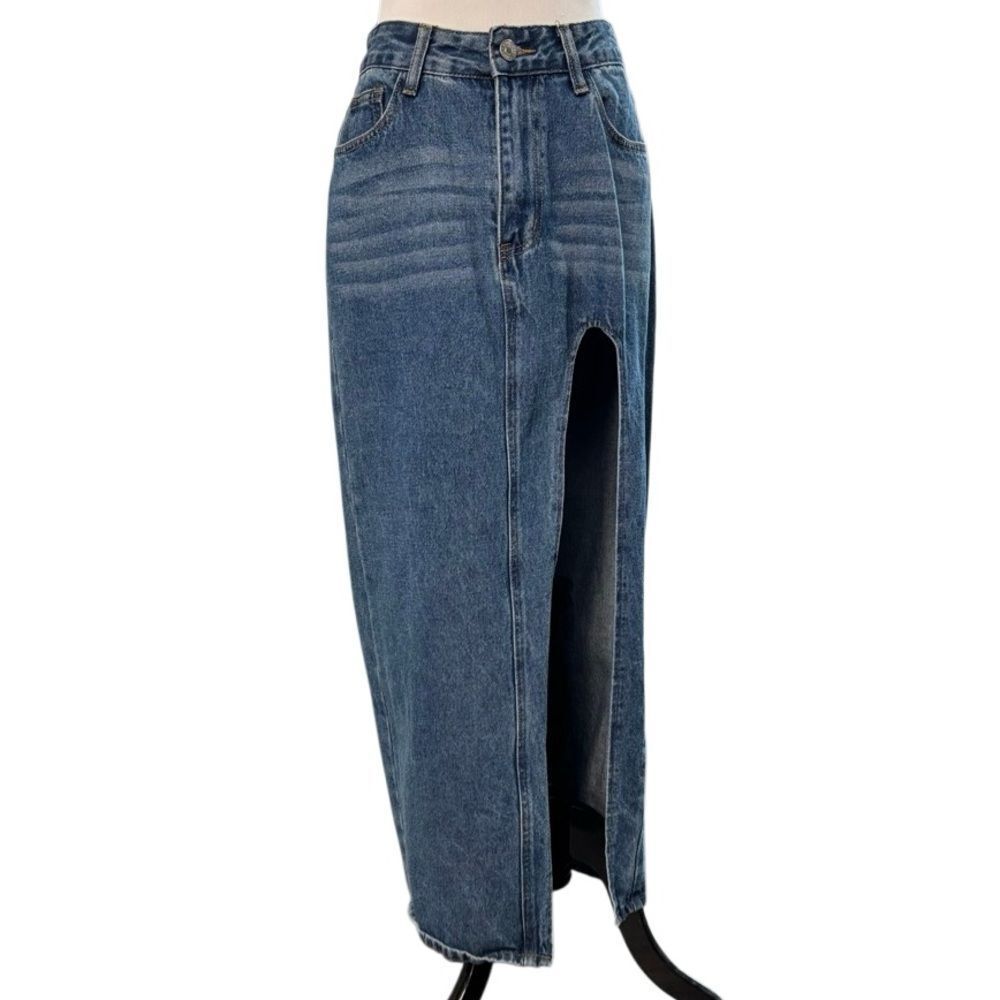 Women’s Blue Denim Maxi Skirt Front Slit Size M Cotton Jean Skirt Long